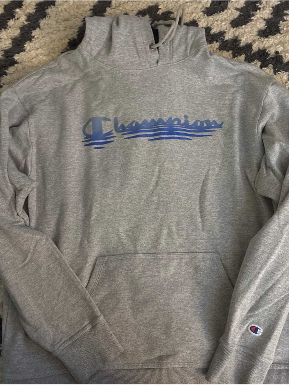 Champion Gray Hoodie with Blue Signature Logo